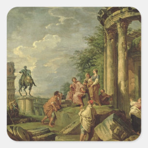 Pegatina Cuadrada Campesinos entre las ruinas romanas, 1743 (aceite