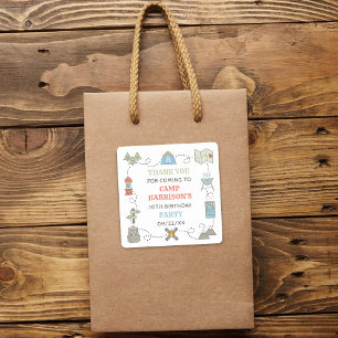 Pegatina Cuadrada Camping Cumpleaños Party Gracias