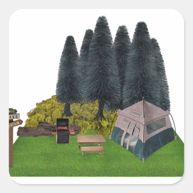Pegatina Cuadrada Camping de carpas en el bosque (Anverso)