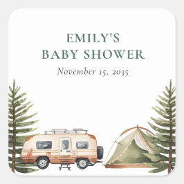 Pegatina Cuadrada Camping Forest Watercolor Baby Shower