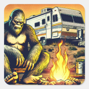 Pegatina Cuadrada Camping Retro RV Sasquatch