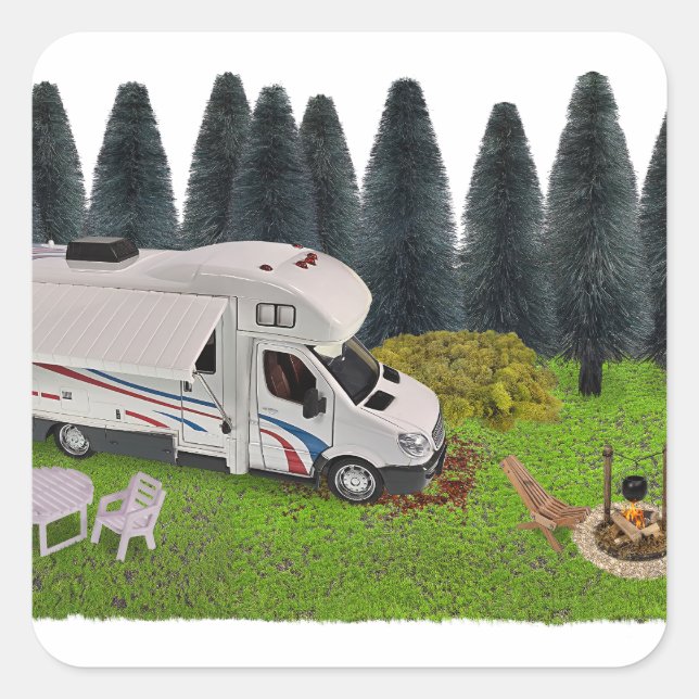 Pegatina Cuadrada Camping RV en el campamento forestal (Anverso)