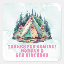 Pegatina Cuadrada Camping Sleepover Fiesta de cumpleaños