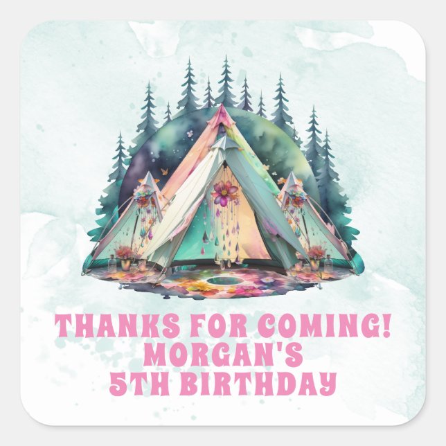 Pegatina Cuadrada Camping Sleepover Fiesta de cumpleaños (Anverso)