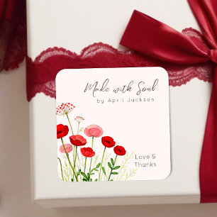 Pegatina Cuadrada Campo de Amapolas Rojas Boho Acuarela Floral TMF26