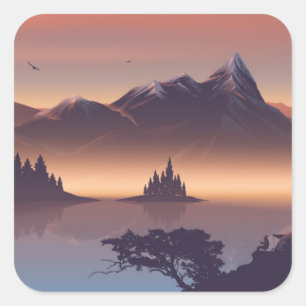 Pegatina Cuadrada Campo de bomberos cerca del lago