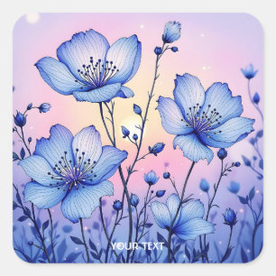 Pegatina Cuadrada Campo de flores azules ricas de fantasía
