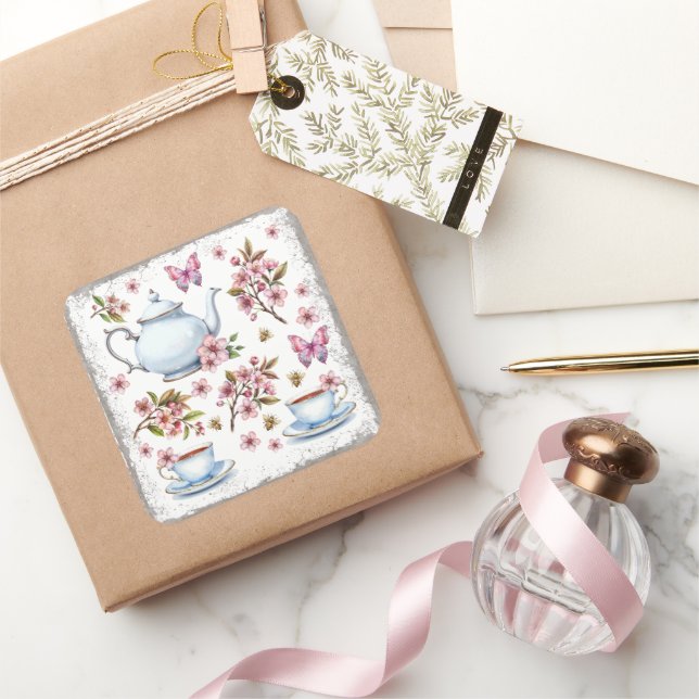 Pegatina Cuadrada Campo de flores rosa de cerezo con té (Regalar)