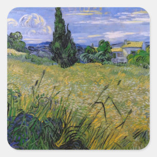 Pegatina Cuadrada Campo de trigo verde con ciprés de Van Gogh.