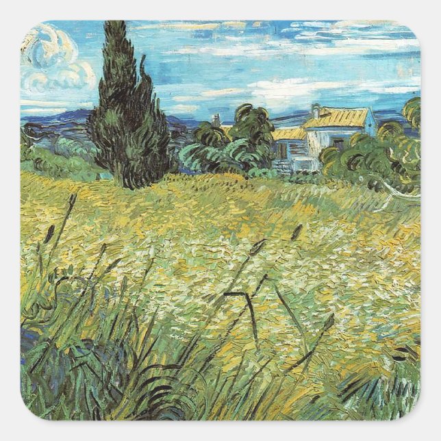 Pegatina Cuadrada Campo de Trigo Verde Vincent van Gogh (Anverso)