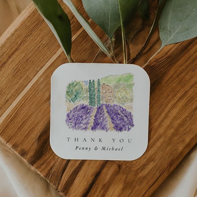 Pegatina Cuadrada Campos de Lavanda de Acuarela Gracias Por Favor (Watercolor Lavender Fields Thank You Favor Square Sticker)