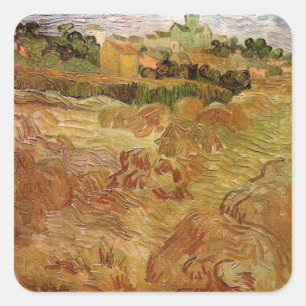 Pegatina Cuadrada Campos de trigo con Auvers de Vincent van Gogh