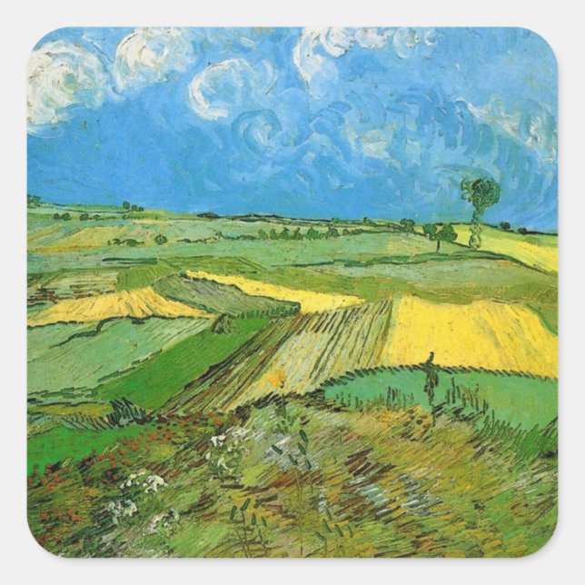 Pegatina Cuadrada Campos de trigo en Auvers Under Cloued Sky, Vincen (Anverso)
