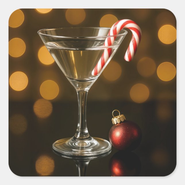 Pegatina Cuadrada Caña de caramelo en un Martini de Navidad (Anverso)