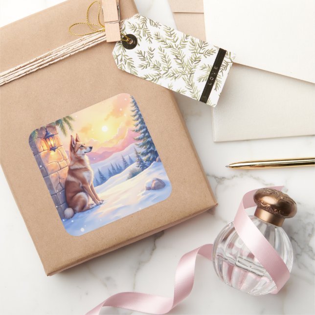 Pegatina Cuadrada Canaan Dog Desert Stone Winter Christmas Art (Regalar)