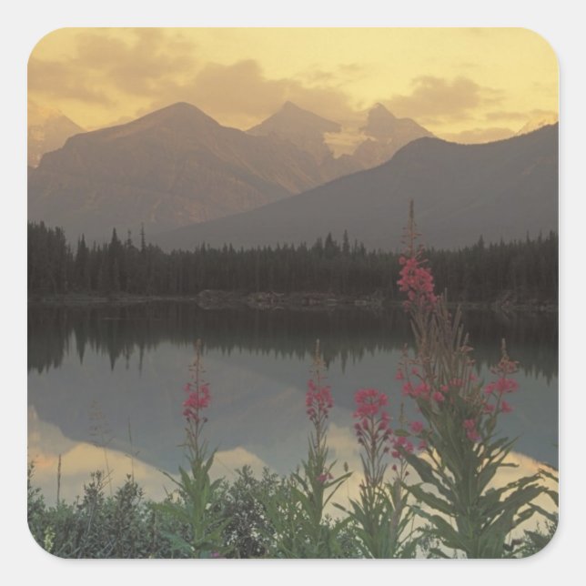 Pegatina Cuadrada Canadá, Alberta, Banff. Escena al amanecer de (Anverso)