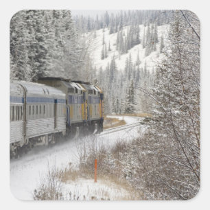 Pegatina Cuadrada Canadá, Alberta. Tren de nieve de VIA Rail entre