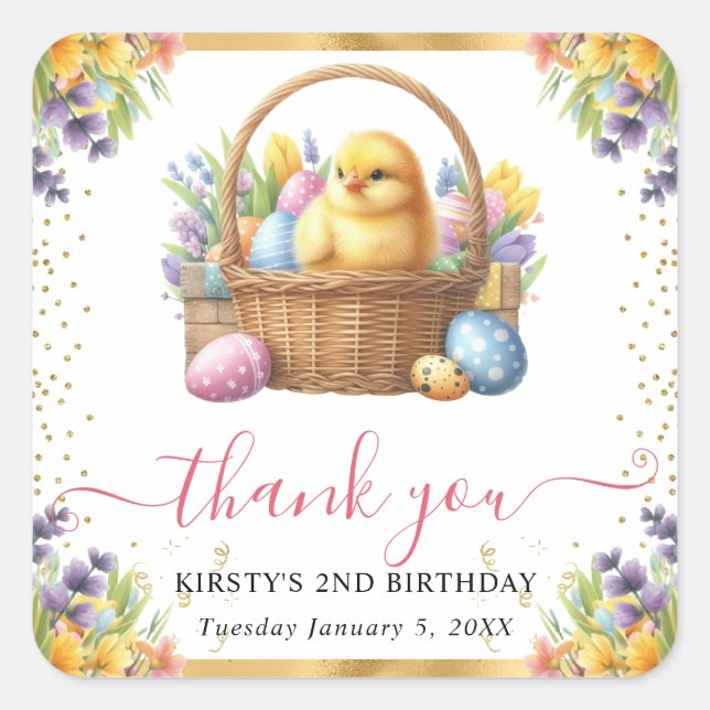 Pegatina Cuadrada Canasta de cumpleaños de pollito de primavera en a (Anverso)