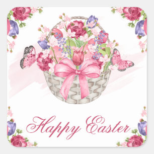Pegatina Cuadrada Canasta Floral Rosa y Mariposas Feliz Pascua