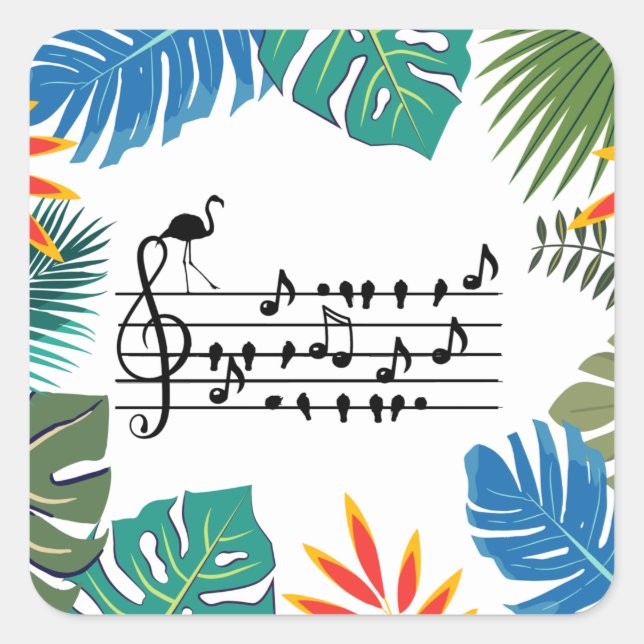 Pegatina Cuadrada Canción de pájaro, flamenco uniéndose a las aves (Anverso)