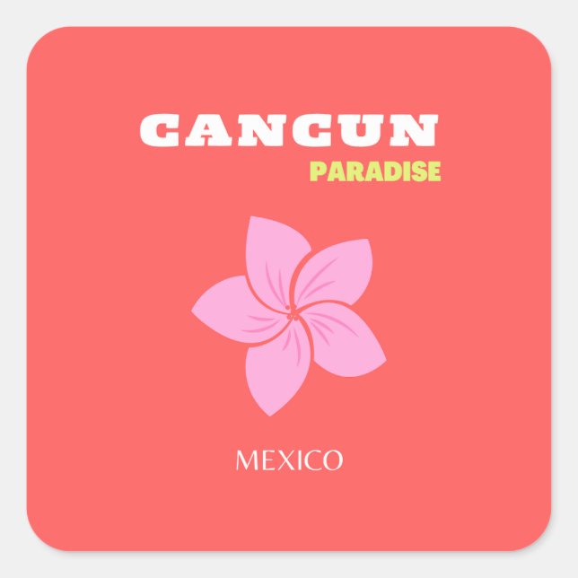 Pegatina Cuadrada Cancun, Cancun Travel Art, Preppy, Pink, Red (Anverso)