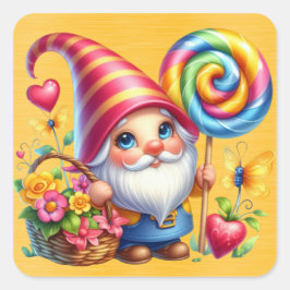 Pegatina Cuadrada Candén de cesta de flores Rainbow Gnome