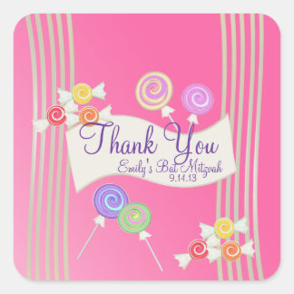 Pegatina Cuadrada Candy Bat Mitzvah Favor Gracias Rosa Oscuro