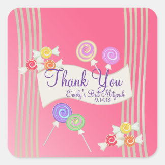 Pegatina Cuadrada Candy Bat Mitzvah Favor Gracias Sandía Rosa