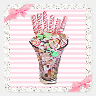 Pegatina Cuadrada Candy Buffet Rosa Bow Pegatinas singulares