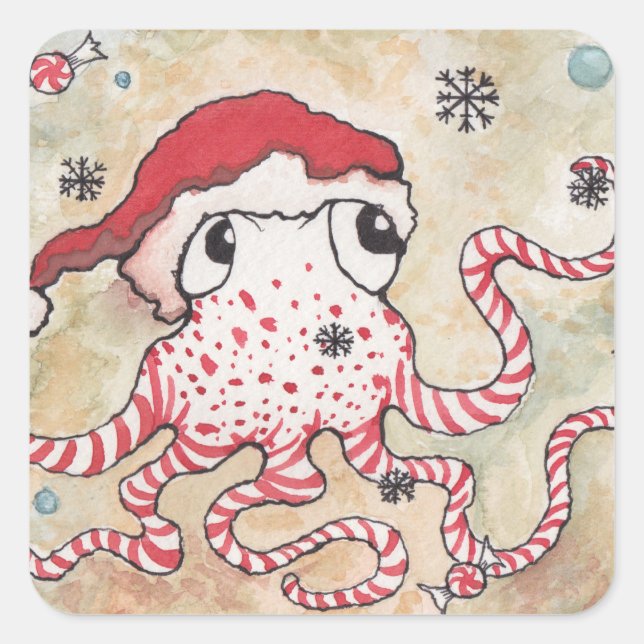 Pegatina Cuadrada Candy Cane Octopus (Anverso)
