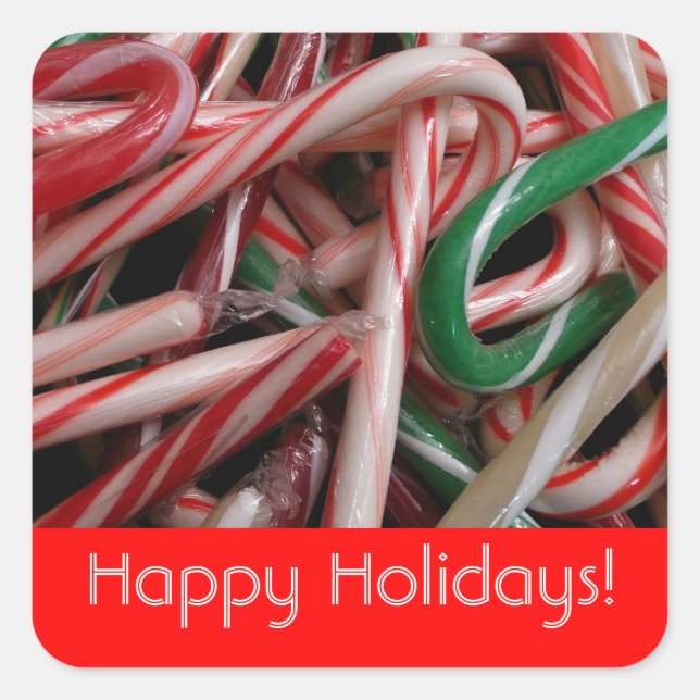 Pegatina Cuadrada Candy Canes Felices Fiestas (Anverso)