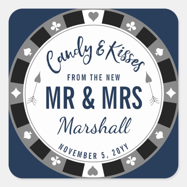 Pegatina Cuadrada Candy & Kisses del nuevo Sr. y la Sra. Navy Poker (Anverso)