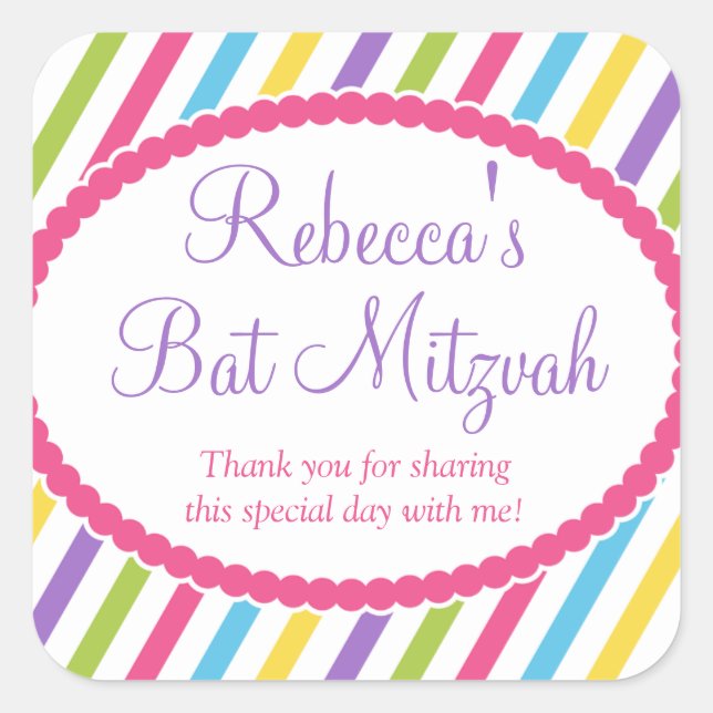 Pegatina Cuadrada Candy Stripes Bat Mitzvah (Anverso)