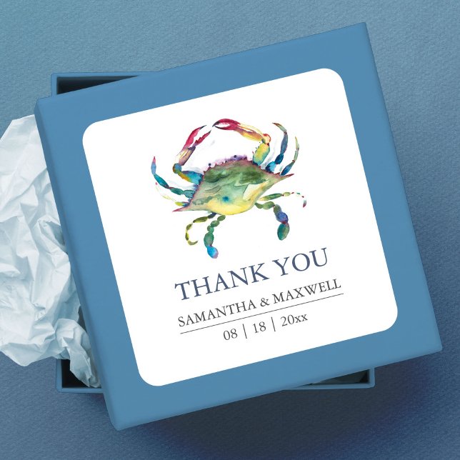 Pegatina Cuadrada Cangrejo azul de bodas de playa gracias a favor (Thank You Favor Square Sticker Beach Wedding Blue Crab art by Victoria Grigaliunas)