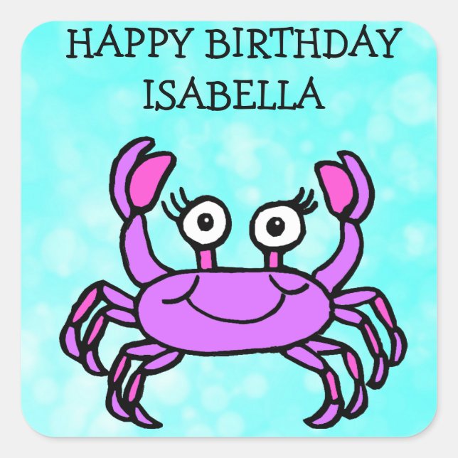 Pegatina Cuadrada Cangrejo morado feliz de cumpleaños personalizado (Anverso)