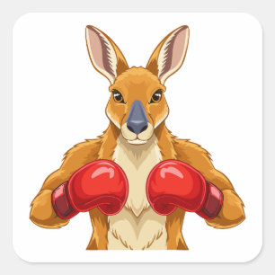 Pegatina Cuadrada Canguro animado con guantes de boxeo rojos 