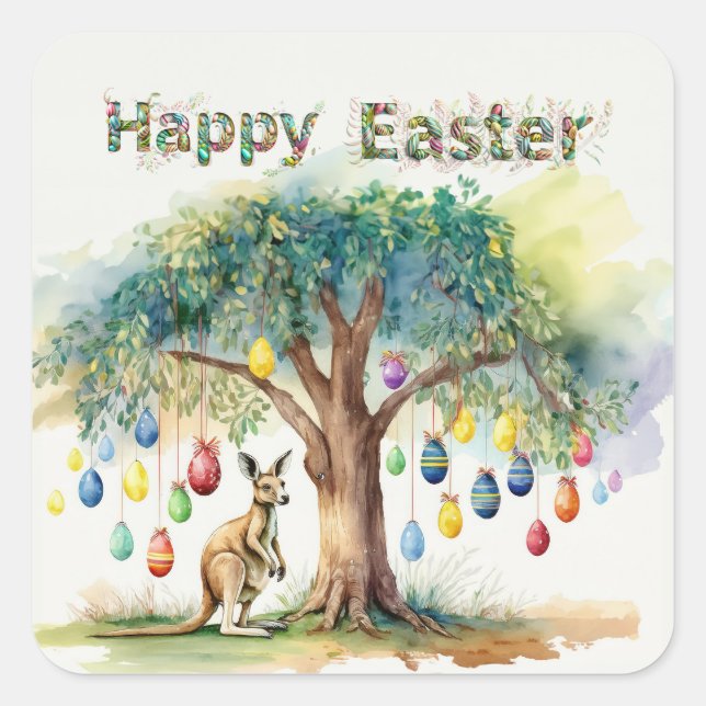 Pegatina Cuadrada Canguro bajo árbol de goma con huevos de Pascua (Anverso)