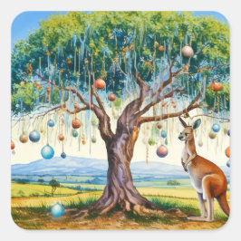 Pegatina Cuadrada Canguro bajo gumtree con Navidades baubles