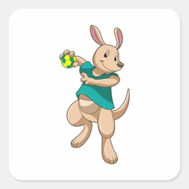 Pegatina Cuadrada Canguro como jugador de balonmano con balonmano (Anverso)