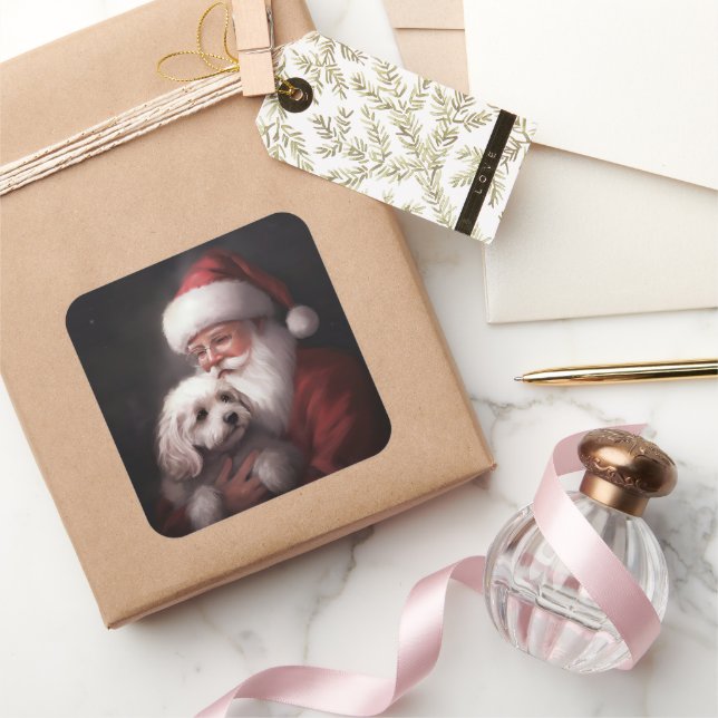 Pegatina Cuadrada Caniche Con Santa Claus Navideña Festiva  (Regalar)