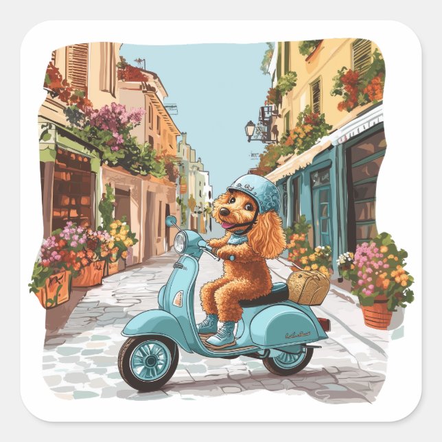 Pegatina Cuadrada Caniche estándar montando scooter (Anverso)