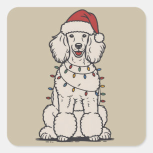 Pegatina Cuadrada Caniche lindo envuelto en luces de Navidad Fiesta