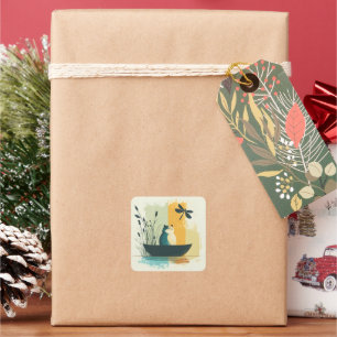 Pegatina Cuadrada Canoa de gato blanco de lago Chubby, resumen minim