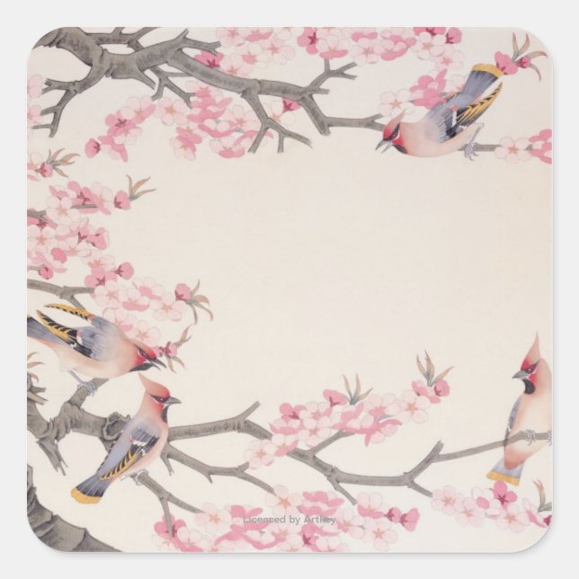 Pegatina Cuadrada Cantando pájaros en primavera (Anverso)