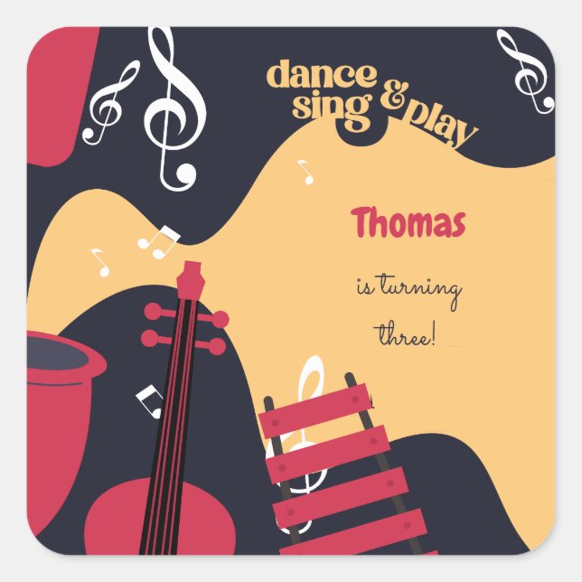 Pegatina Cuadrada Cantar danza y jugar a los niños cumpleaños (Anverso)
