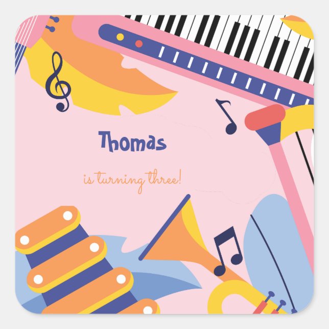 Pegatina Cuadrada Cantar danza y jugar a los niños cumpleaños (Anverso)