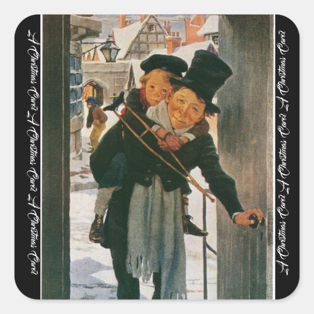 Pegatina Cuadrada Canto de Navidad "Bob Cratchit y Tiny Tim" (Anverso)