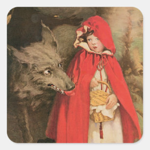 Pegatina Cuadrada Caperucita Roja y el Lobo Feroz Vintage