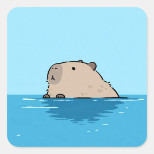 Pegatina Cuadrada Capibara Minimalista Nadando en Agua Azul