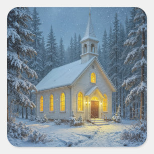 Pegatina Cuadrada Capilla de Navidad Blanca en Pinos de Invierno